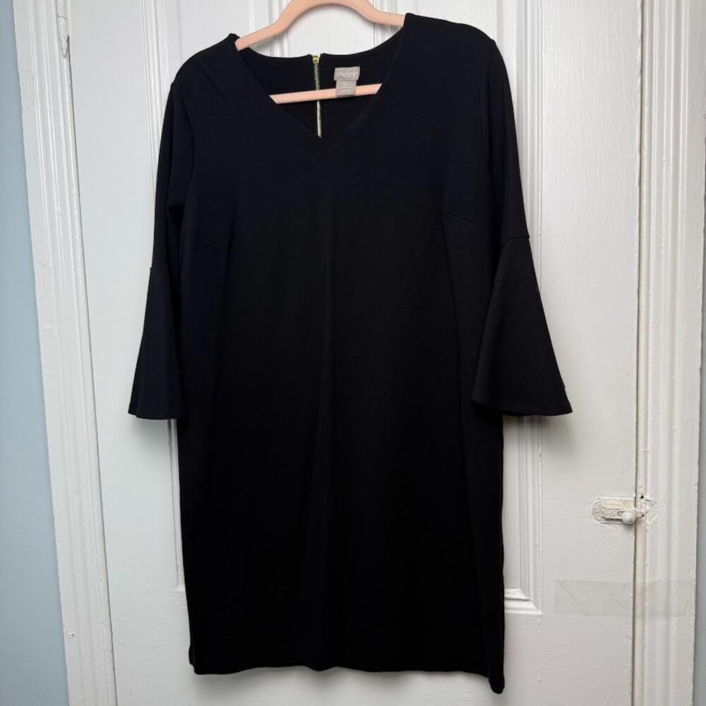 Chicos Bell Sleeve Dress Womens Large Petite Black Pullover Exposed Zipper‎